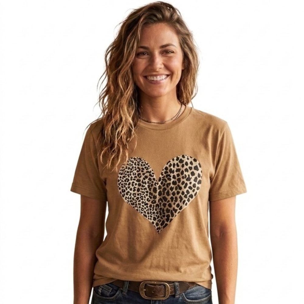 Brown T-Shirt with Leopard Heart Design Size M